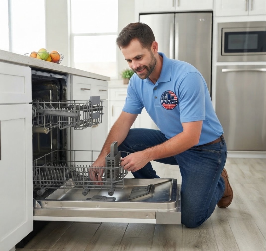 A.M.S. Technician Repairing Dishwasher